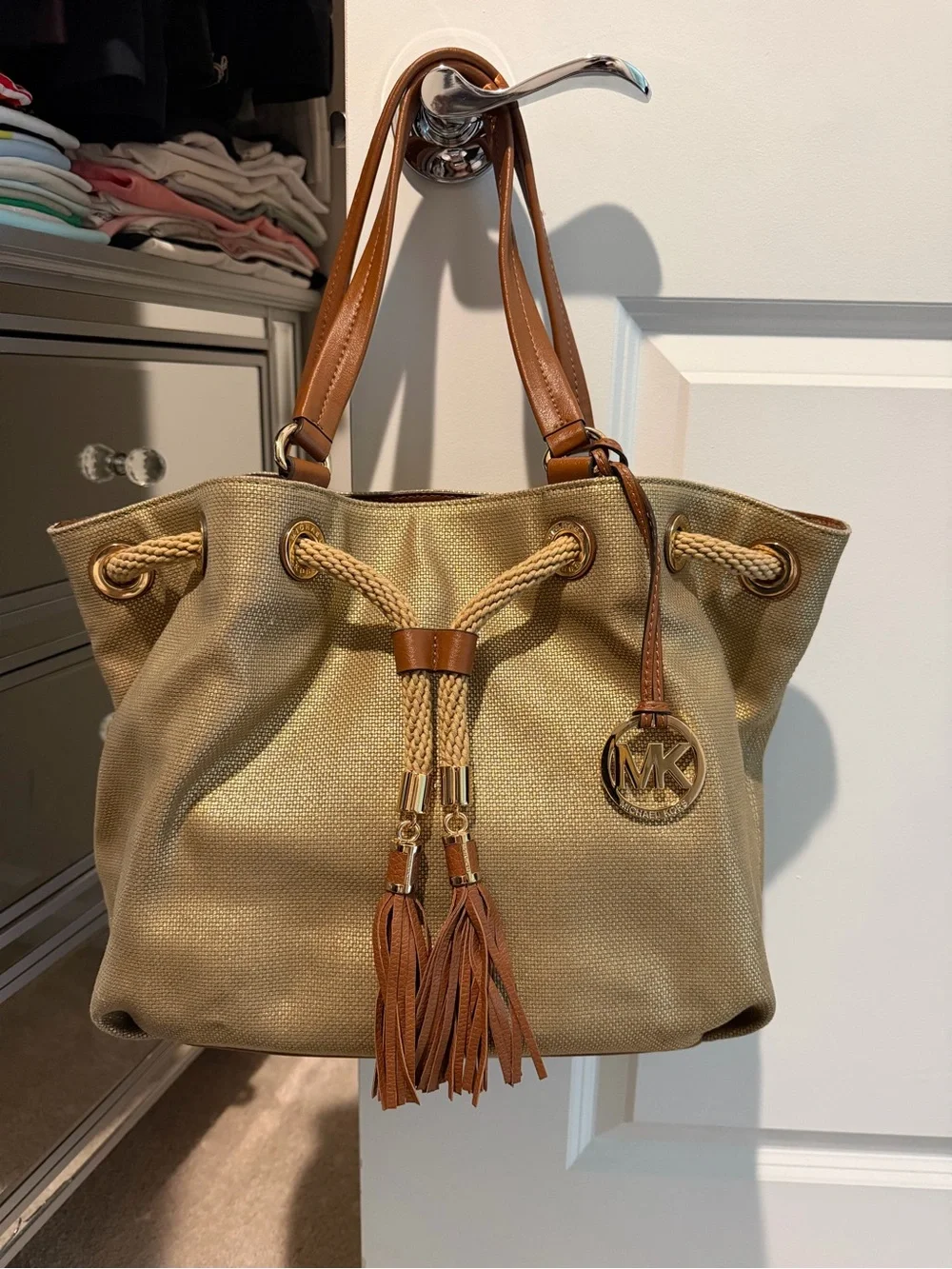 Michael Kors Tan & Gold Drawstring Shoulder Bag with Tassels